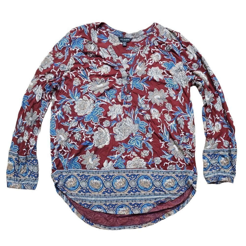 Lucky Brand Womens Blouse Top Maroon Floral Long Sleeve‎ Size XS
